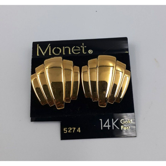 MONET Vintage Art Deco Stud Earrings Jewelry 14 KT Gold Post Women Signed NWT - Picture 1 of 7